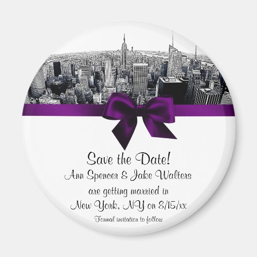 NYC Etched Fisheye Skyline BW Purp Save the Date R Magnet (Vorne)