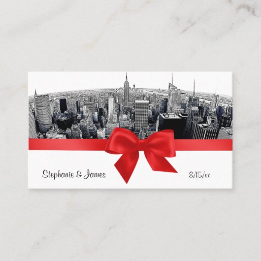 NYC Etched Fisheye Skyline BW Red Escort Cards Platzkarte (Vorderseite)