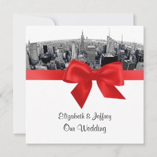 NYC Etched Fisheye Skyline BW Red Wedding SQ Einladung