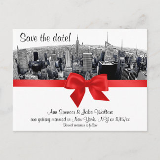 NYC Etched Fisheye Skyline BW Save the Date rot Ankündigungspostkarte