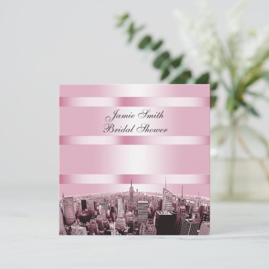 NYC Etched Skyline 2, Black Pink Brautparty Einladung (Stehend Vorderseite)