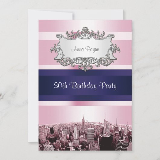 NYC Etched Skyline 2 Pink BG, Blue Ribbon Geburtst Einladung (Vorderseite)