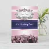 NYC Etched Skyline 2 Pink BG, Blue Ribbon Geburtst Einladung (Stehend Vorderseite)