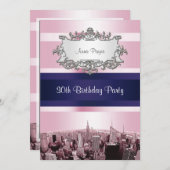 NYC Etched Skyline 2 Pink BG, Blue Ribbon Geburtst Einladung (Vorne/Hinten)