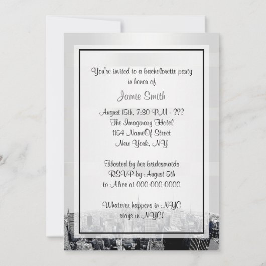 NYC Etched Skyline 2, White, Red Rbn Bachelorette Einladung (Rückseite)