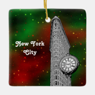 NYC Flatiron Building Red Grn Starry Xmas Keramikornament