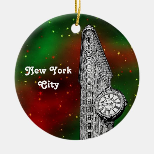 NYC Flatiron Gebäude Red Grn Starry Xmas Keramikornament (Vorne)