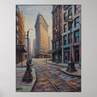 NYC Flatiron-Gebäude-Straßenszene mit Straßenbahns Poster