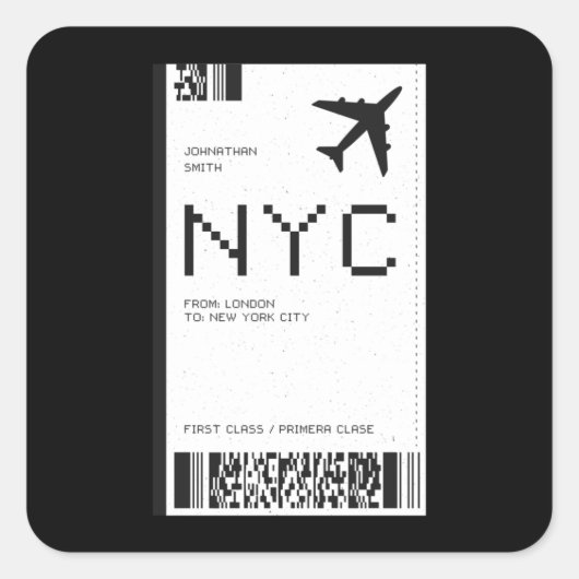 NYC Flugzeug Ticket Quadratischer Aufkleber (Vorderseite)