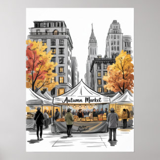 NYC Herbstmarktstraßenszene mit Herbstbäumen Poster