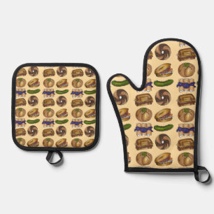 NYC Jüdisches Deli Food Pickle Blintz Bagel Knish Ofenhandschuh & Topflappen-Set