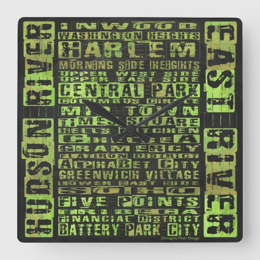 NYC-Nachbarschaften grün Quadratische Wanduhr (Vorderseite)