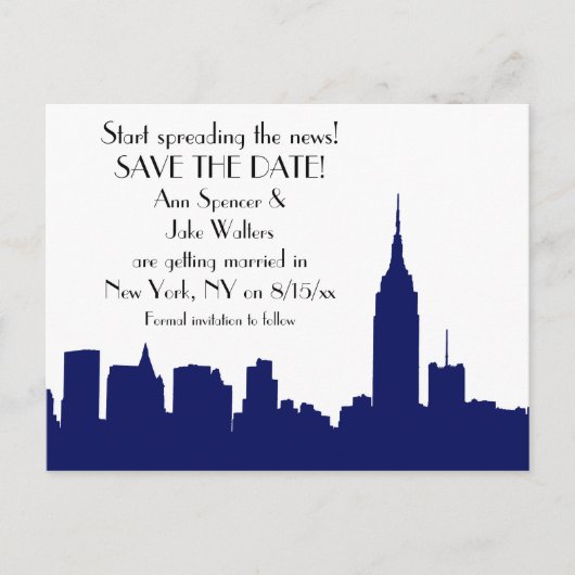 NYC Navy Blue Skyline Silhouette Save the Date Ankündigungspostkarte (Vorderseite)
