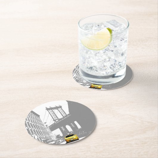 Nyc New York City Brooklyn Bridge Yellow Taxi Runder Pappuntersetzer (Vor Ort)