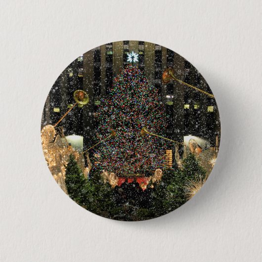 NYC Rockefeller Center Xmas Tree Falling Snow Button (Vorderseite)