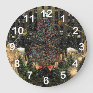 NYC Rockefeller Center Xmas Tree Falling Snow Große Wanduhr