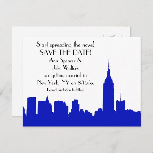 NYC Royal Blue Skyline Silhouette Save the Date Ankündigungspostkarte (Vorne/Hinten)