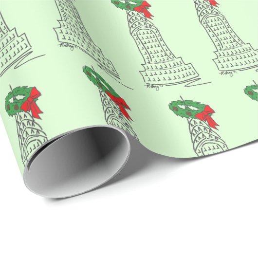 NYC Skycraper Wreath Holiday New York Weihnachten Geschenkpapier (Rolleneckpunkt)