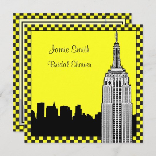 NYC Skyline2 Etched ESB Checkrd Taxi Brautparty Einladung (Vorne/Hinten)