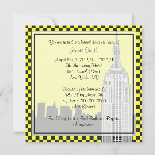 NYC Skyline2 Etched ESB Checkrd Taxi Brautparty Einladung (Rückseite)