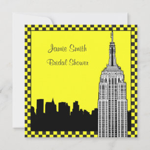 NYC Skyline2 Etched ESB Checkrd Taxi Brautparty Einladung