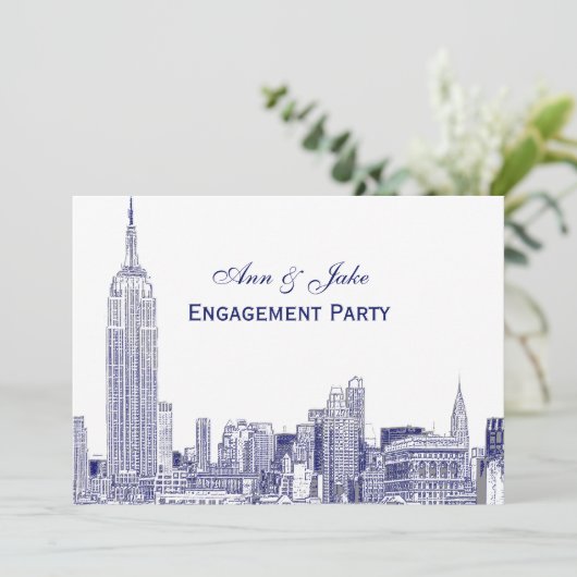 NYC Skyline 01 Etchd DIY BG Engagement Party Blue Einladung (Stehend Vorderseite)