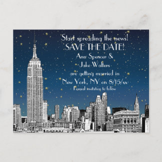 NYC Skyline 01 Etched Blue Starry Save the Date Ankündigungspostkarte