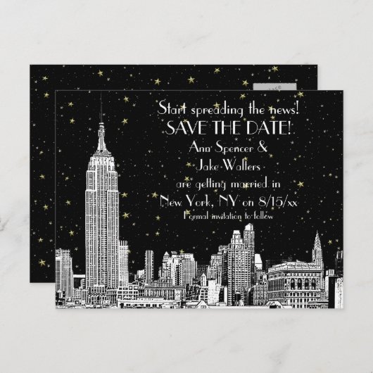 NYC Skyline 01 Etched DIY BG Starry Save the Date Ankündigungspostkarte (Vorne/Hinten)