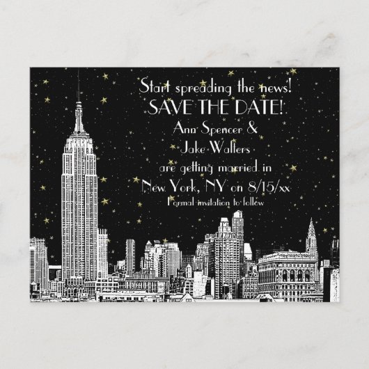 NYC Skyline 01 Etched DIY BG Starry Save the Date Ankündigungspostkarte (Vorderseite)