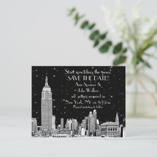 NYC Skyline 01 Etched DIY BG Starry Save the Date Ankündigungspostkarte (Stehend Vorderseite)