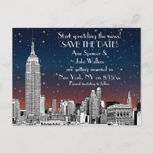 NYC Skyline 01 Etched Sunset Starry Save the Date Ankündigungspostkarte