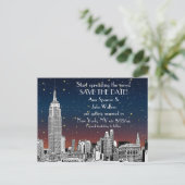 NYC Skyline 01 Etched Sunset Starry Save the Date Ankündigungspostkarte (Stehend Vorderseite)