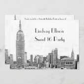 NYC Skyline 01 Etched Sweet 16 Party Einladung (Vorne/Hinten)