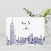 NYC Skyline 01 Etched Wedding Invite 2 Blue Einladung (Stehend Vorderseite)