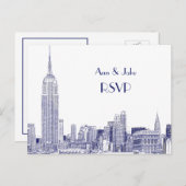 NYC Skyline 01 Etched White UAWG 1Blue Einladungspostkarte (Vorne/Hinten)