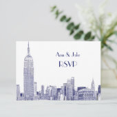 NYC Skyline 01 Etched White UAWG #2 Blue RSVP Karte (Stehend Vorderseite)