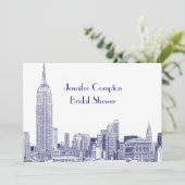 NYC Skyline 01 Etched Wht Brautparty Blue Einladung (Stehend Vorderseite)