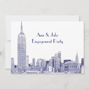 NYC Skyline 01 Etched Wht Engagement Party Blue Einladung