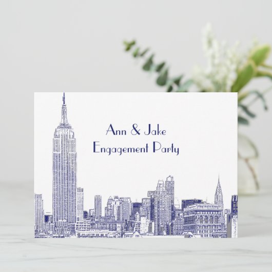 NYC Skyline 01 Etched Wht Engagement Party Blue Einladung (Stehend Vorderseite)