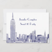 NYC Skyline 01 Etched Wht Sweet 16 Party Blue Einladung (Vorderseite)