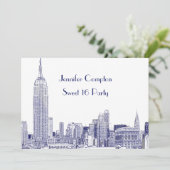NYC Skyline 01 Etched Wht Sweet 16 Party Blue Einladung (Stehend Vorderseite)