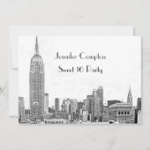 NYC Skyline 01 Etched Wht Sweet 16 Party Einladung (Vorderseite)