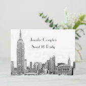 NYC Skyline 01 Etched Wht Sweet 16 Party Einladung (Stehend Vorderseite)