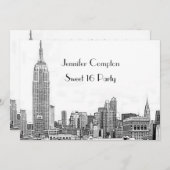NYC Skyline 01 Etched Wht Sweet 16 Party Einladung (Vorne/Hinten)
