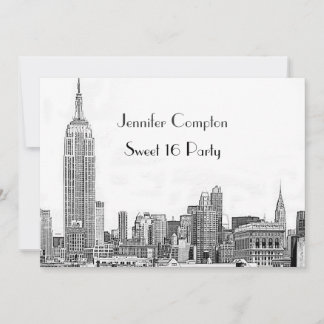 NYC Skyline 01 Etched Wht Sweet 16 Party Einladung