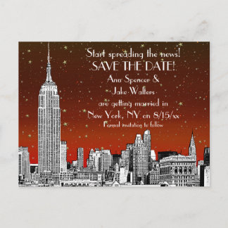 NYC Skyline 01 Save the Date Rote Sterne Ankündigungspostkarte
