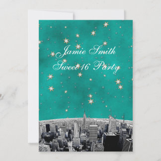 NYC Skyline 2 Aquamarin Gold Star Sweet 16 V Einladung