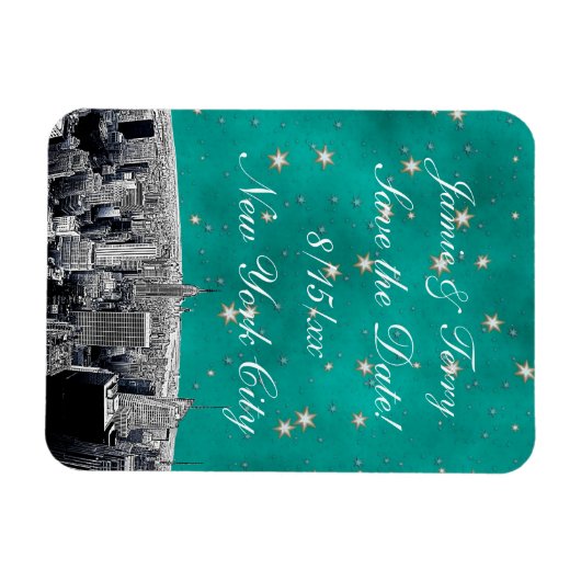 NYC Skyline 2 Aquamariner Gold Star Save the Date Magnet (Horizontal)