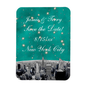 NYC Skyline 2 Aquamariner Gold Star Save the Date Magnet