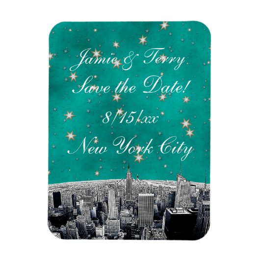 NYC Skyline 2 Aquamariner Gold Star Save the Date Magnet (Vertikal)